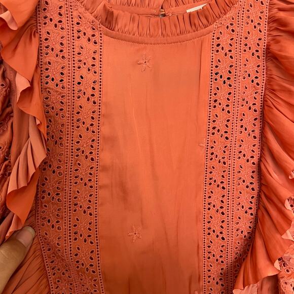 Ulla Johnson Rust Ruffle Eyelet Mini Dress, Flutter Sleeves, Boho Romantic - Picture 5 of 12